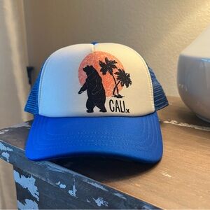 Hurley Youth Blue and White Trucker Hat with Cali Bear and Palm Design